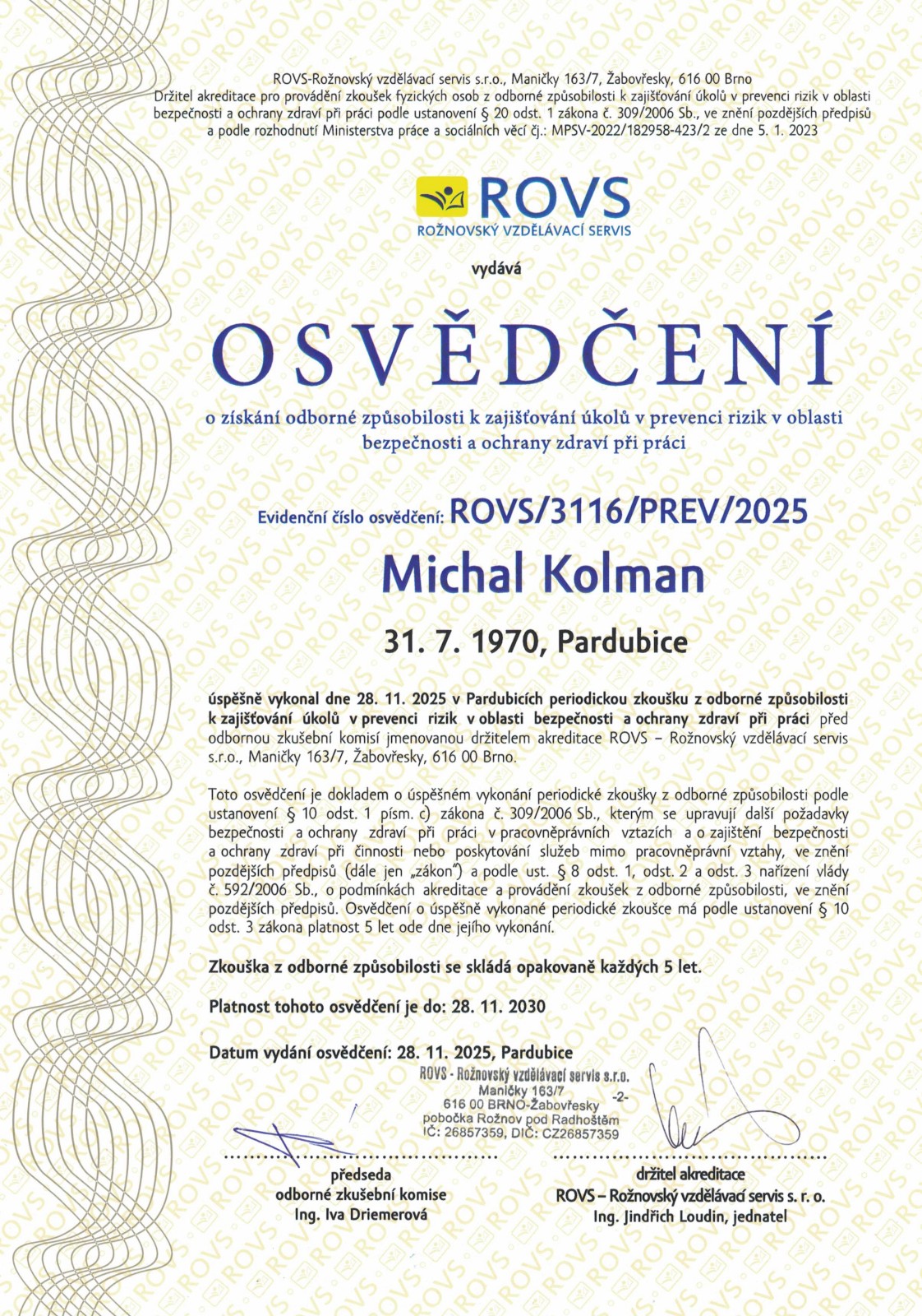 Osvědčení BOZP - prevence rizik