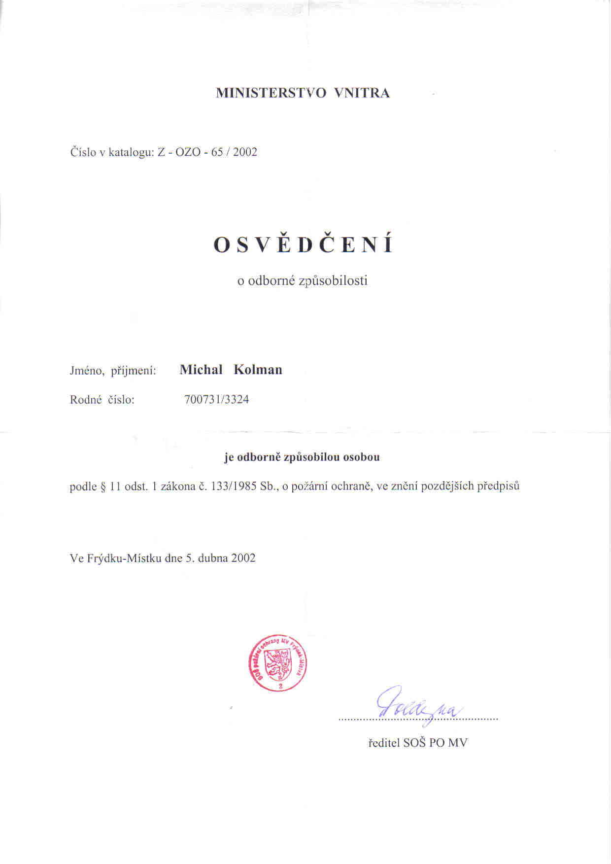 Osvědčení o odborné způsobilosti PO